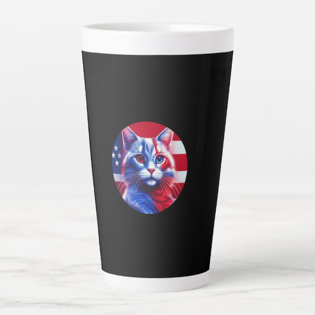 Taza De Café Latte Red White & Blue Cat With American Flag Background (Anverso)