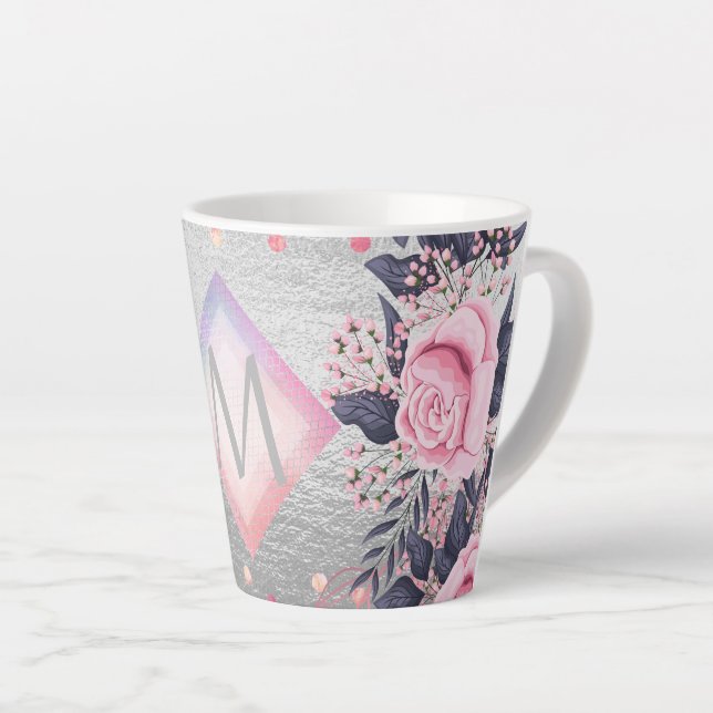 Taza De Café Latte Regalo de la Marina Plata Monograma Rosegold Girly (Ángulo derecho)