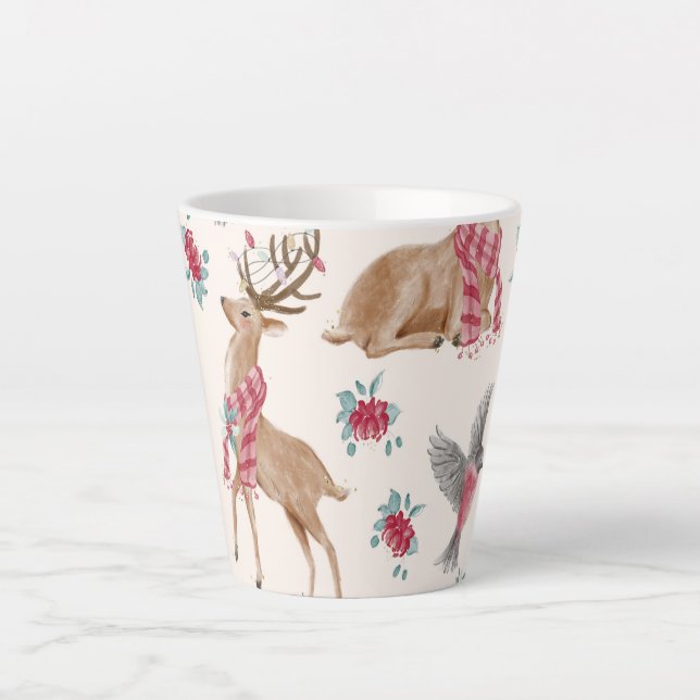Taza De Café Latte Renos adorables, aves, flores (Anverso)