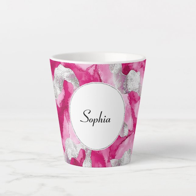 Taza De Café Latte Resumen de Glam Plata Rosa (Anverso)