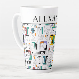 Taza De Café Latte Resumen maya tribal antiguo patrón de rostros 1