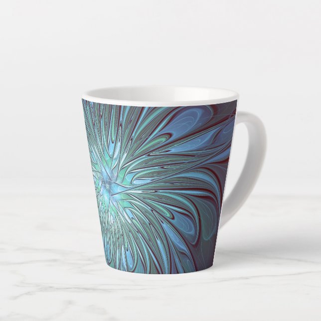Taza De Café Latte Resumen moderno Arte fractal de flor azul de moda (Ángulo derecho)