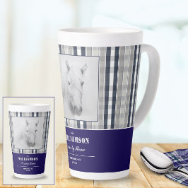 Taza De Café Latte Retrato de caballo en cuadros azul marino con nomb