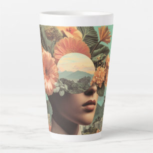 Taza De Café Latte Retrato Femenino Surrealista con Elementos Florale