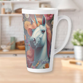 Taza De Café Latte Retrato personalizado de flores de unicornio blanc