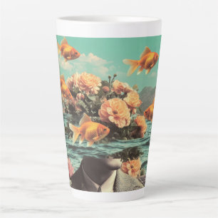 Taza De Café Latte Retrato Surrealista con Flores de Goldfish y Océan