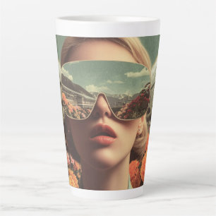 Taza De Café Latte Retrato surrealista con gafas de sol que reflejan 