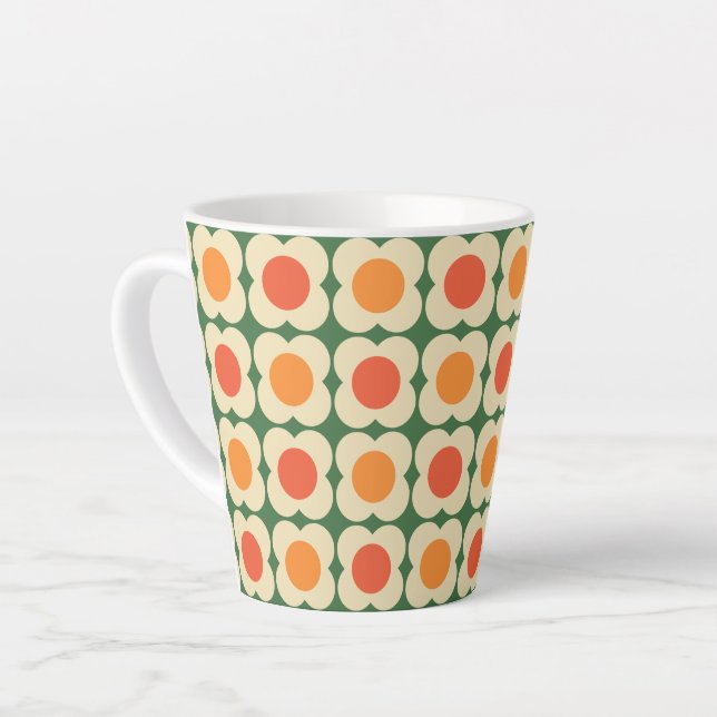 Taza De Café Latte Retro 70s Scandi Flowers -Mid mod- Orange on Green (Ángulo izquierdo)