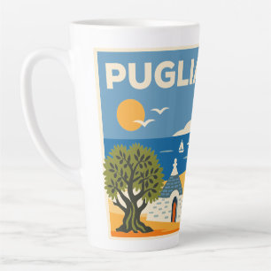 Taza De Café Latte Retro Azul y Amarillo Viaje Costero Puglia Trullo