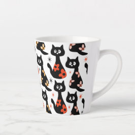 Taza De Café Latte Retro Floral Black Cats (Blanco) Latte Mug