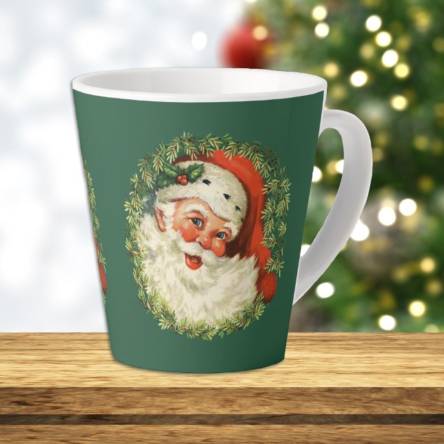 Taza De Café Latte Retro Santa Claus Wreath (Subido por el creador)