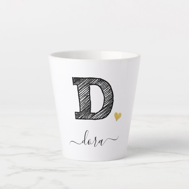 Taza De Café Latte Retro Sketch Monograma Letra D, Latte Mug (Anverso)