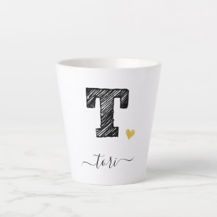 Taza De Café Latte Retro Sketch Monograma Letra T, Latte Mug