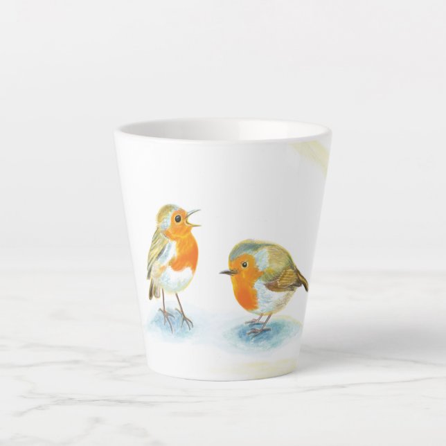 Taza De Café Latte Robins rojos en invierno pequeño (Anverso)