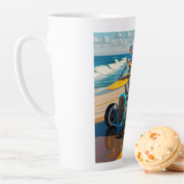 Taza De Café Latte Robot con tabla de surf encima de un coche vintage