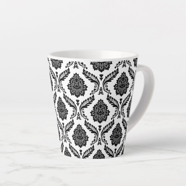 Taza De Café Latte Rococo Damask Pattern Black on White (Ángulo derecho)
