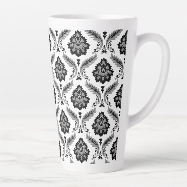 Taza De Café Latte Rococo Damask Pattern Grey Black White (Derecha)