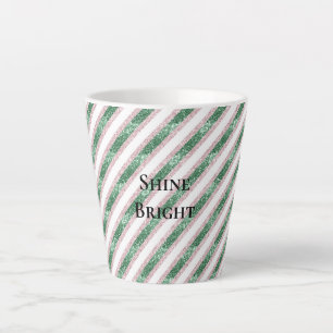 Taza De Café Latte Rojizo Rosa Verde Glitzy Brillo Rayas Navidad