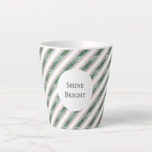 Taza De Café Latte Rojizo Rosa Verde Glitzy Rayas Navidad
