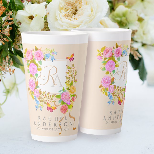 Taza De Café Latte Romaníes floreciendo Jardín Monograma Beige Latte  (Elegant romantic flowers monogram design.)