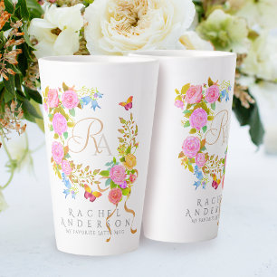 Taza De Café Latte Romaníes florecientes Jardín Monograma Blanco Latt