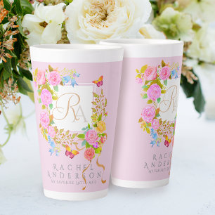 Taza De Café Latte Romaníes florecientes Jardín Monograma latte rosad