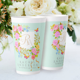 Taza De Café Latte Romaníes florecientes Jardín Monograma Verde Latte