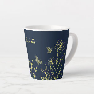Taza De Café Latte Romántico elegante flores doradas navy 