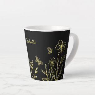 Taza De Café Latte Romántico elegante oro floral negro