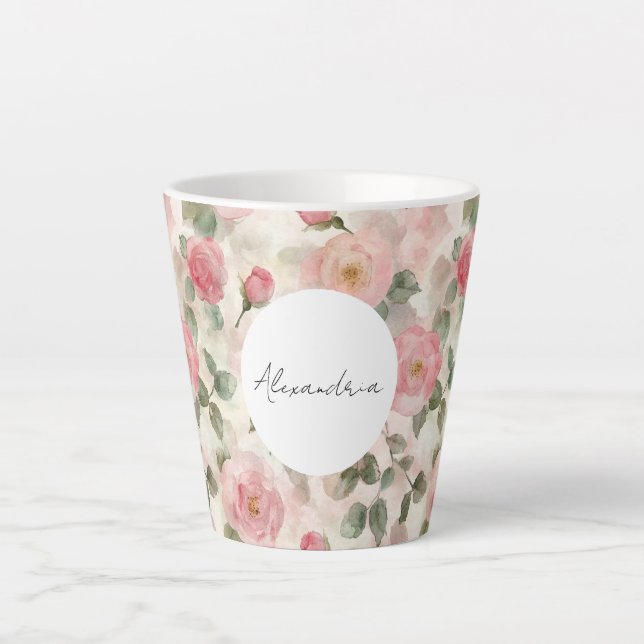 Taza De Café Latte Romántico Rubor Rosa Floral (Anverso)
