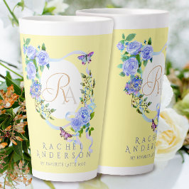 Taza De Café Latte Rosa azul Moda de cinta monograma lata amarilla