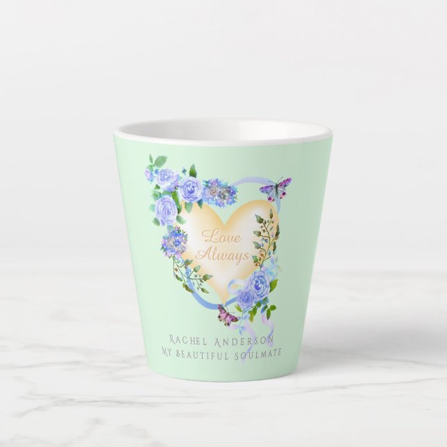 Taza De Café Latte Rosa azul romántico amor siempre latte verde (Anverso)