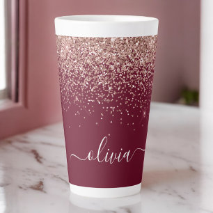 Taza De Café Latte Rosa Borgoña Dorado Rubor Rosa Brillo Monograma