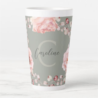 Taza De Café Latte Rosa de color de agua personalizado | Verde salvia