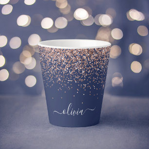 Taza De Café Latte Rosa Dorado Azul Marino Brillo Rosa Monograma