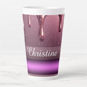 Taza De Café Latte Rosa Dorado Brillo Goteo Nombre Personalizado
