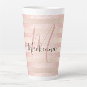 Taza De Café Latte Rosa Purpurina de oro Rubor Guión monograma rosa 