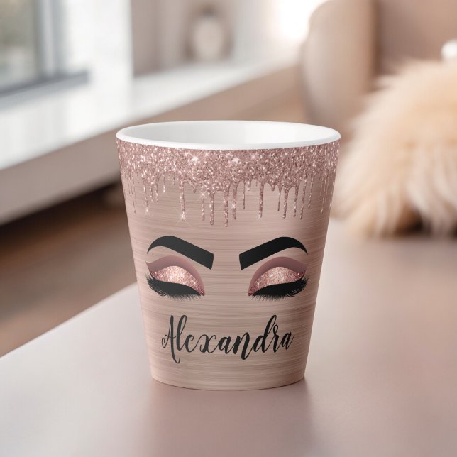 Taza De Café Latte Rosa Purpurina dorado Esparkle Eyelashes Monograma (Subido por el creador)