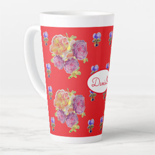 Taza De Café Latte Rosa Rojo Floral Rosas Jardín Antiguo Mujer Retro