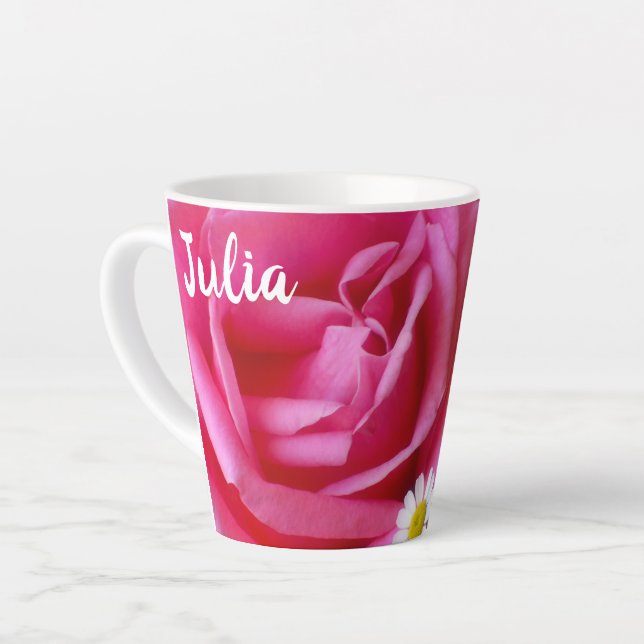 Taza De Café Latte Rosa rosado caliente y foto en blanco (Ángulo izquierdo)