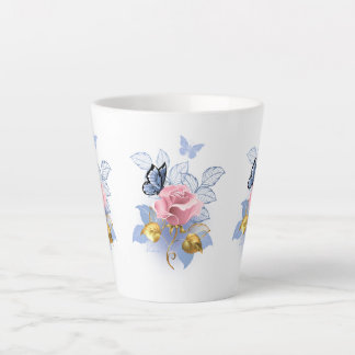 Taza De Café Latte Rosa Rosen & blaue Schmetterlinge - Elegante Tasse