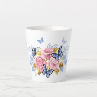 Taza De Café Latte Rosa Rosen & blaue Schmetterlinge - Elegante Tasse