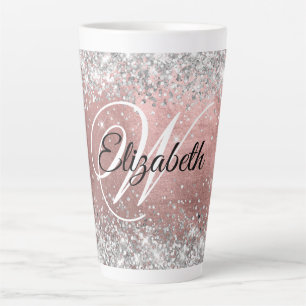 Taza De Café Latte Rosa Rubor Monograma de Purpurina Plateada Brillan