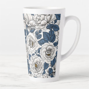 Taza De Café Latte Rosas blancas con hojas azules