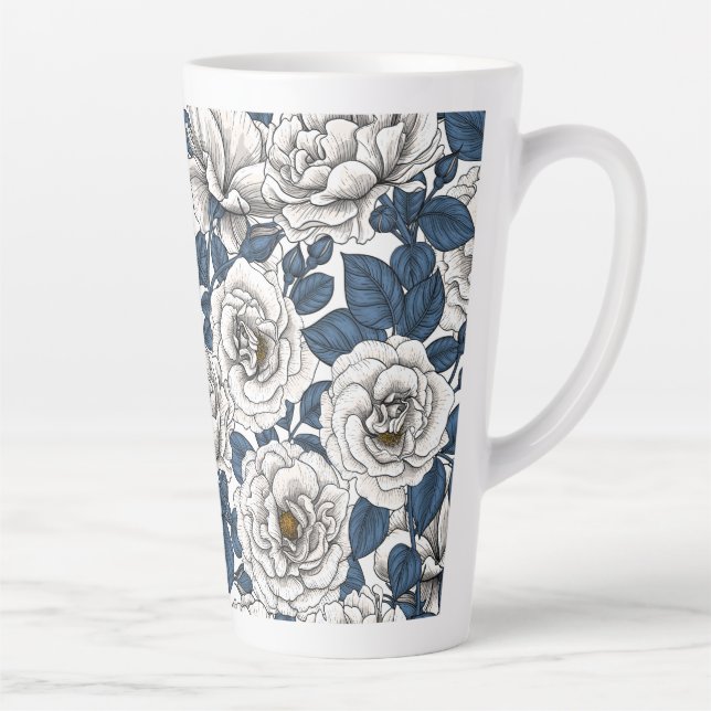 Taza De Café Latte Rosas blancas con hojas azules (Derecha)