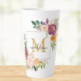 Taza De Café Latte Rosas Florales Flores Acuarela Monograma Coloridas