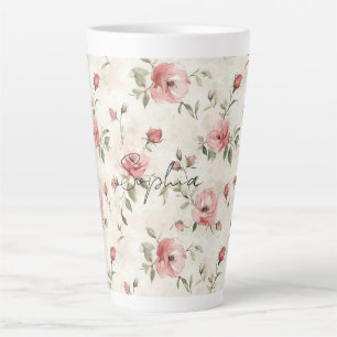 Taza De Café Latte Rosas Florales Rosadas Marfil Desvanecido  