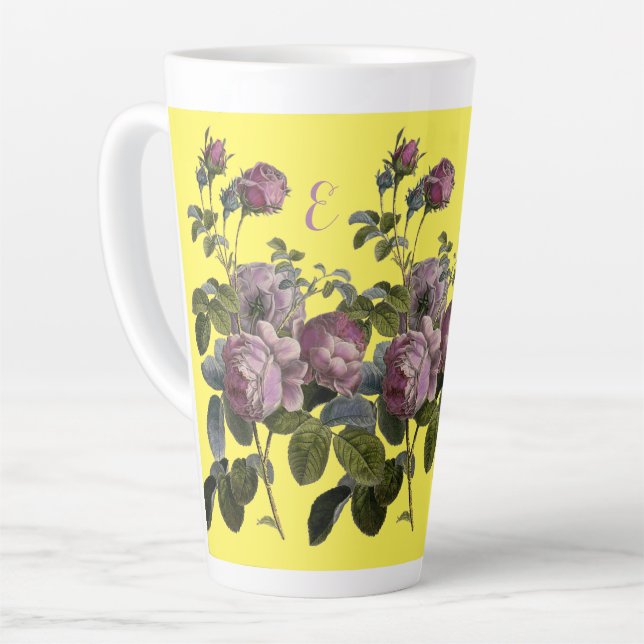 Taza De Café Latte Rosas púrpuras botánicas de época Mug de latte ama (Ángulo izquierdo)