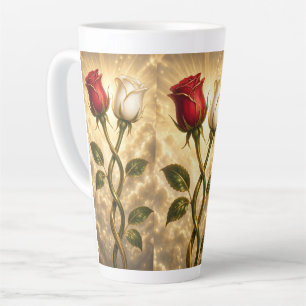 Taza De Café Latte Rosas rojas y blancas entrelazadas.