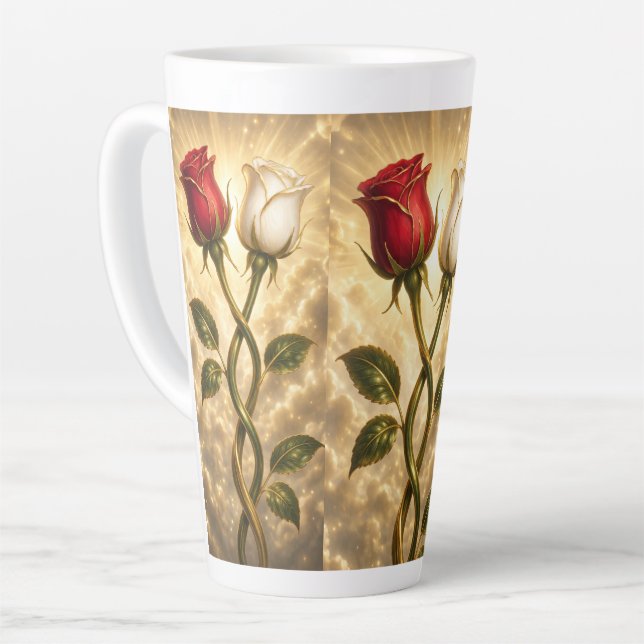 Taza De Café Latte Rosas rojas y blancas entrelazadas. (Ángulo izquierdo)